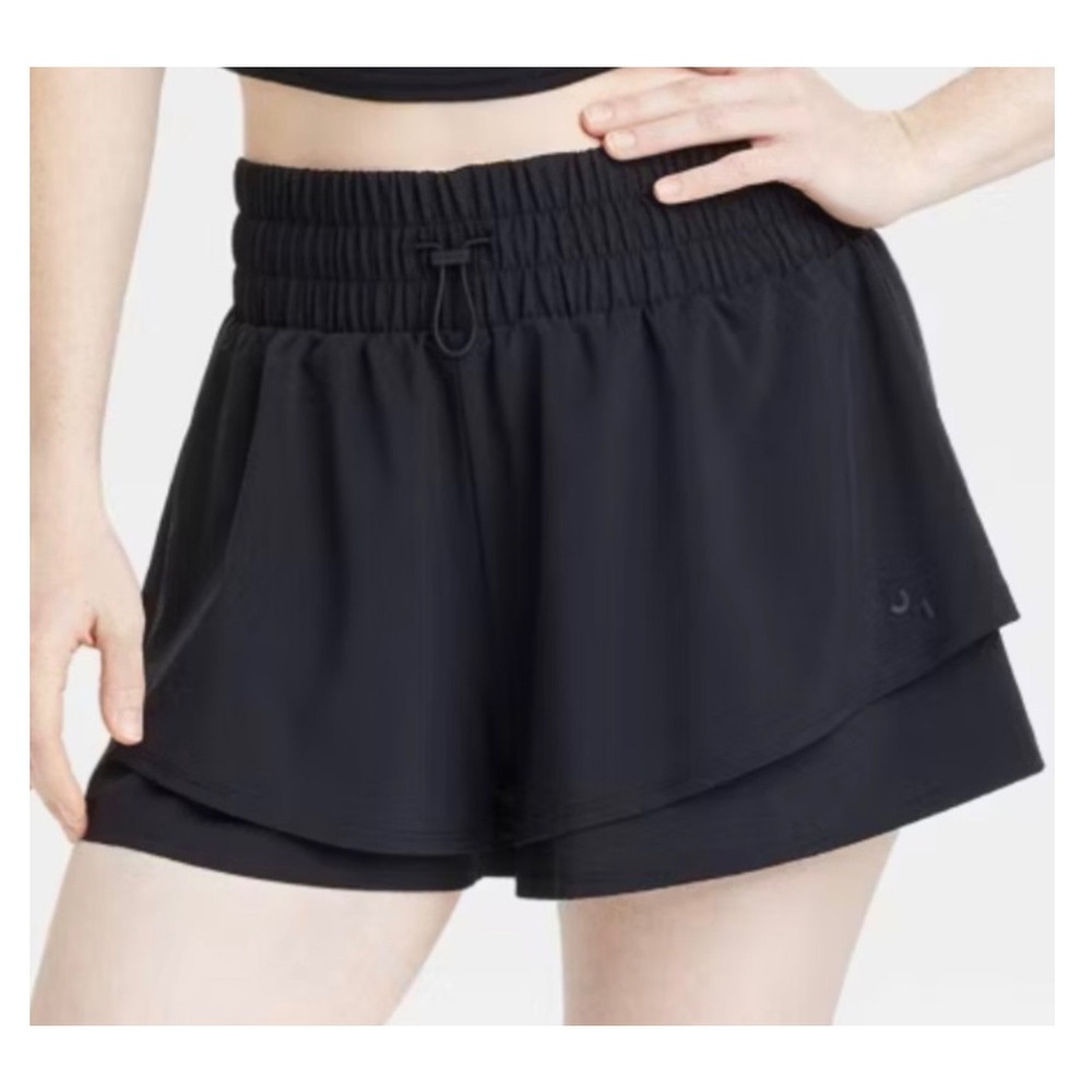 JoyLab Layered Run Shorts Women M Black NEW High-Rise Smocked Bungee Athletic